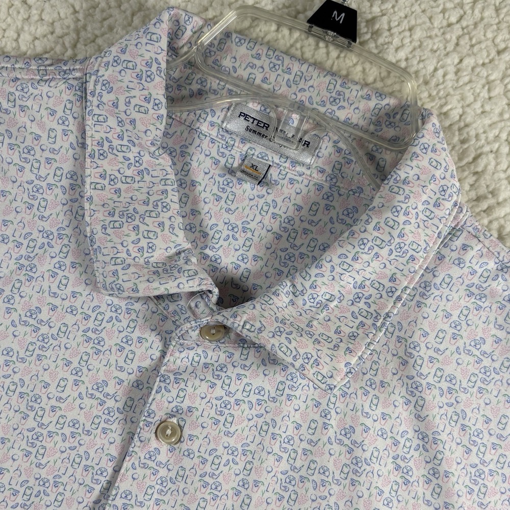 Peter Millar Summer Comfort Performance Golf Polo XL White Drinks and Golf Print